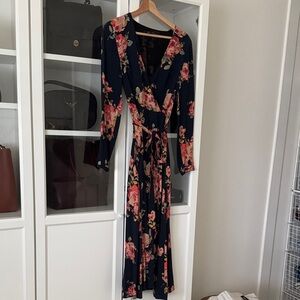 Zara Navy Floral Wrap Maxi Dress with Pink Blooms